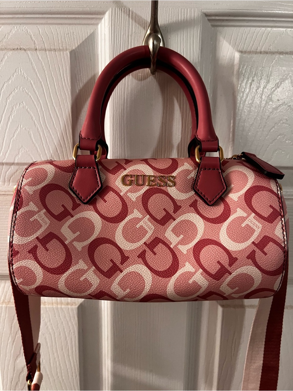 GUESS Pink Logo Pattern Barrel Satchel with Gold-Tone Hardware